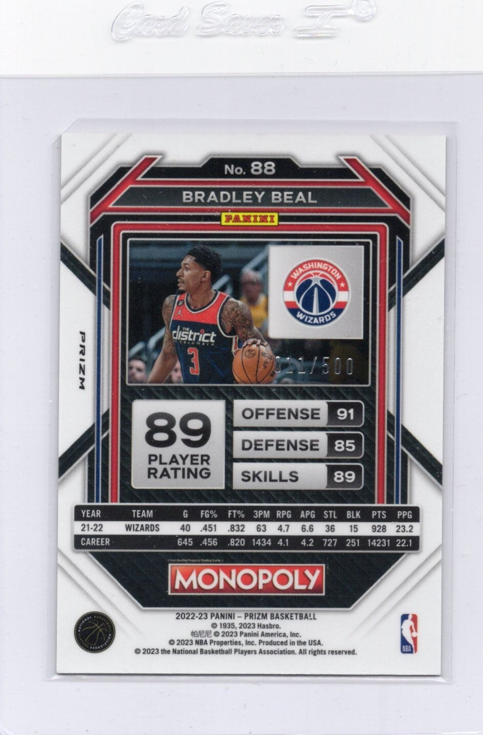 2022-23 Prizm Monopoly #88 BRADLEY BEAL Gold Money Shimmer Prizm 011/500 WIZARDS
