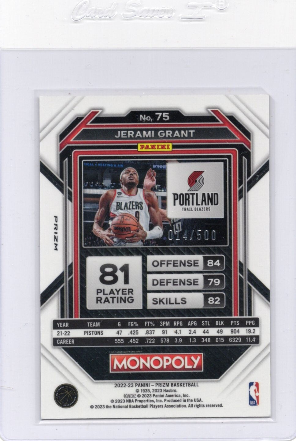 2022-23 Panini Prizm Monopoly #75 Jerami Grant Gold Money Shimmer #014/500