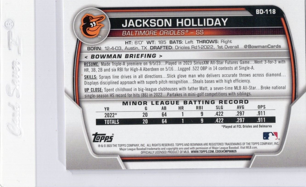 2023 Bowman BD-118 Jackson Holliday Baltimore Orioles