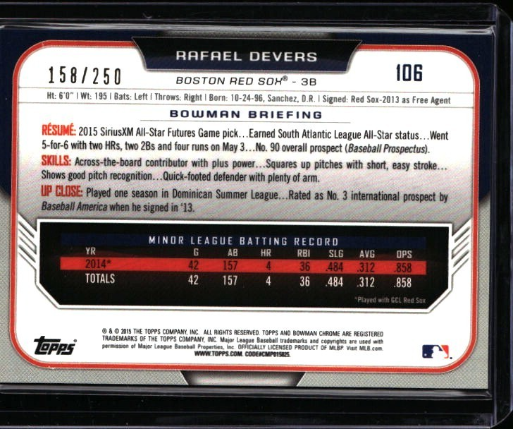 2015 BOWMAN CHROME DRAFT #106 RAFAEL DEVERS "PURPLE REFRACTOR" RC #158/250