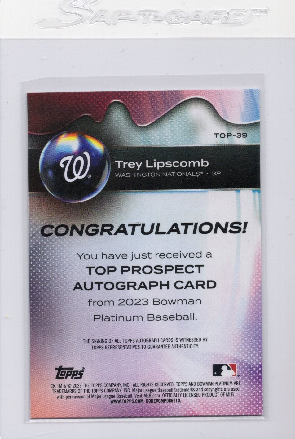 2023 Bowman Platinum - Top Prospects Autographs #TOP-39 Trey Lipscomb RC