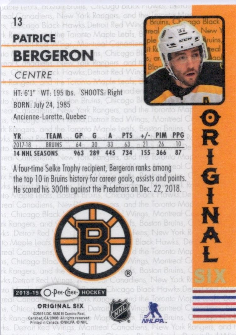 2018-19 O-Pee-Chee OPC Original Six Hockey Walmart, Patrice Bergeron #13