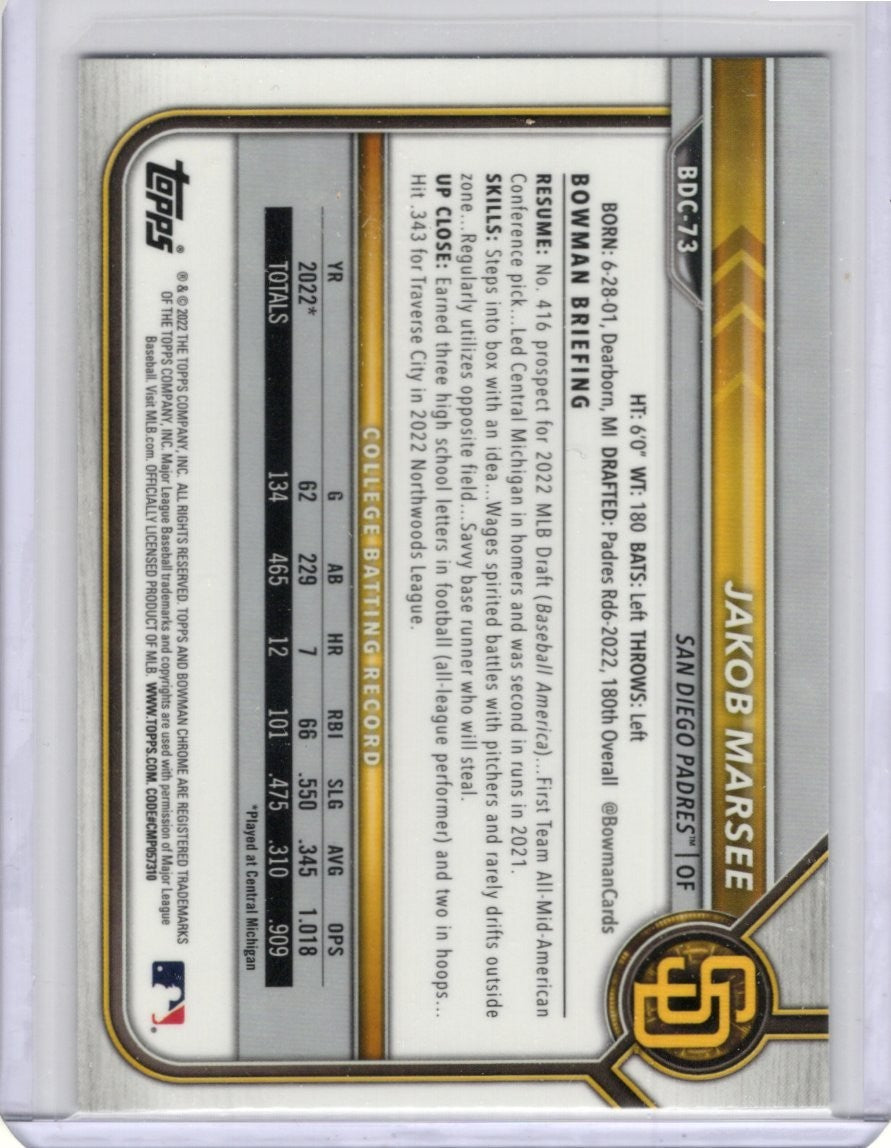 2022 Bowman Draft CHROME 1st Edition Jakob Marsee BD-73 1st | San Diego Padres