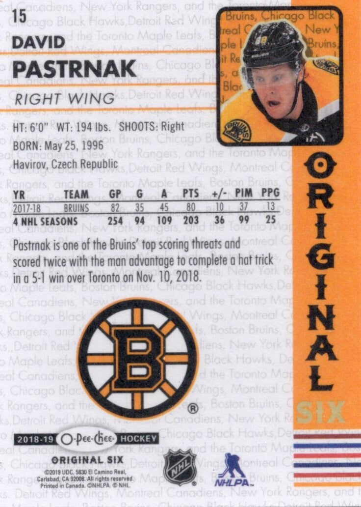 2018-19 O-Pee-Chee OPC Original Six Hockey Walmart, David Pastrnak #15