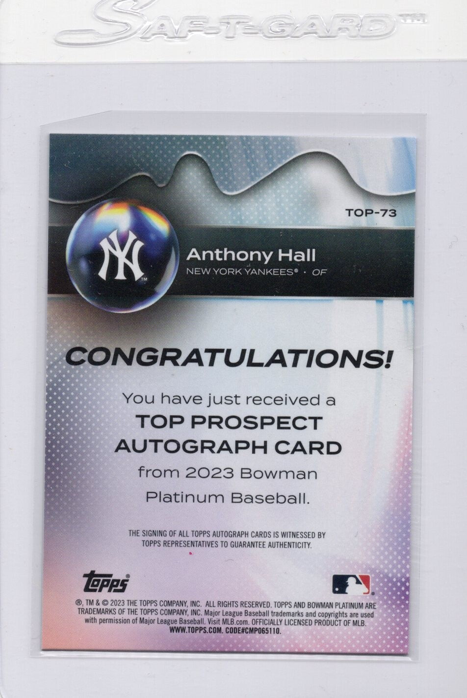 2023 Bowman Platinum Anthony Hall RC ROOKIE Top Prospect Auto  #TOP-73 - Yankees
