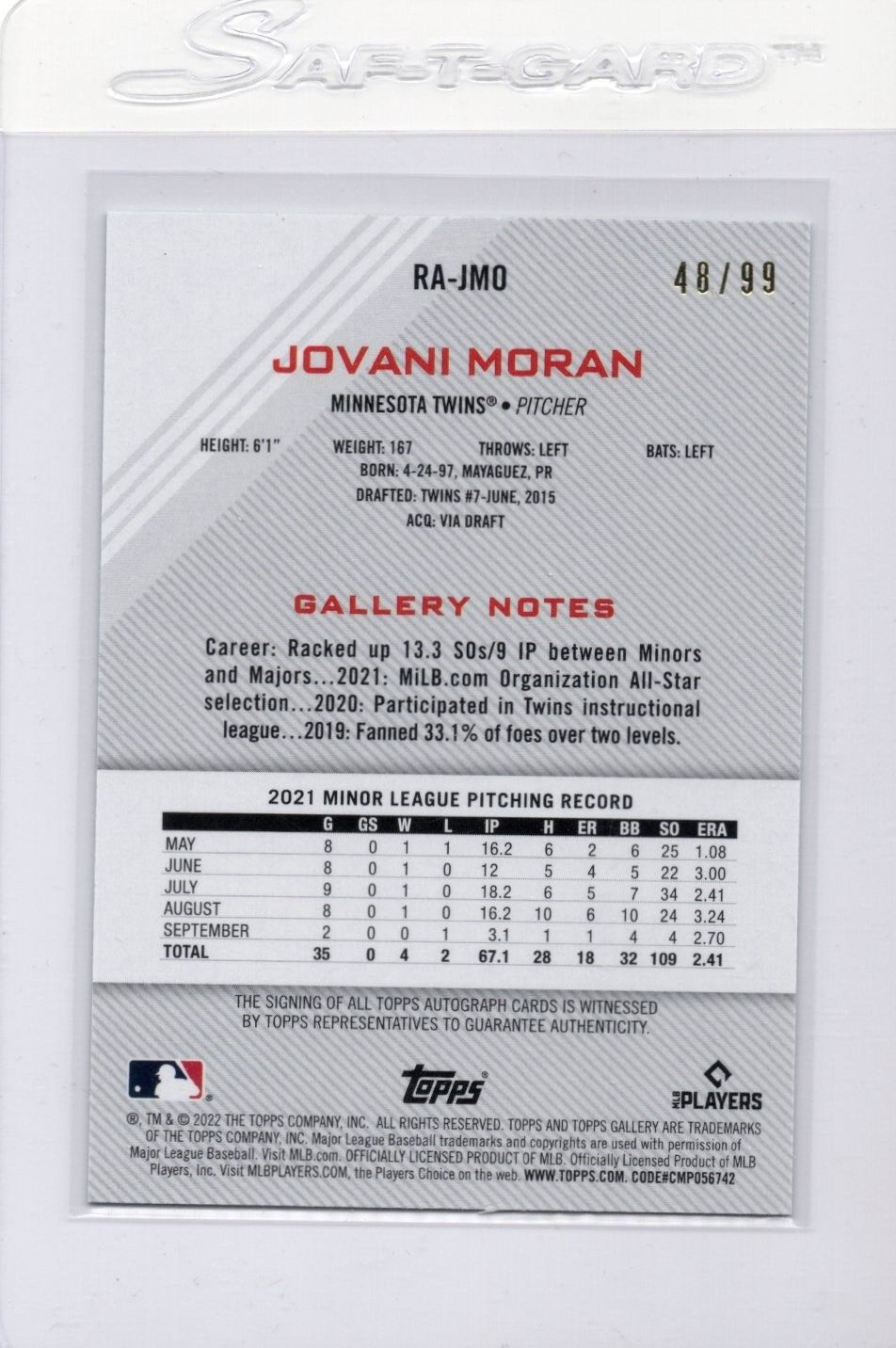 2022 Topps Gallery JOVANI MORAN Green AUTO Rookie Card #RA-JMO RC 48/99