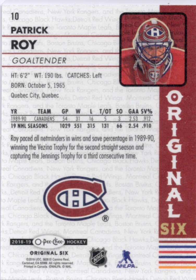 2018-19 O-Pee-Chee OPC Original Six Hockey Walmart, Patrick Roy #10