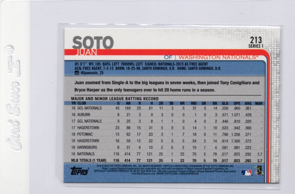 2019 Topps Series 1 JUAN SOTO Washington Nationals #213 Rookie Cup