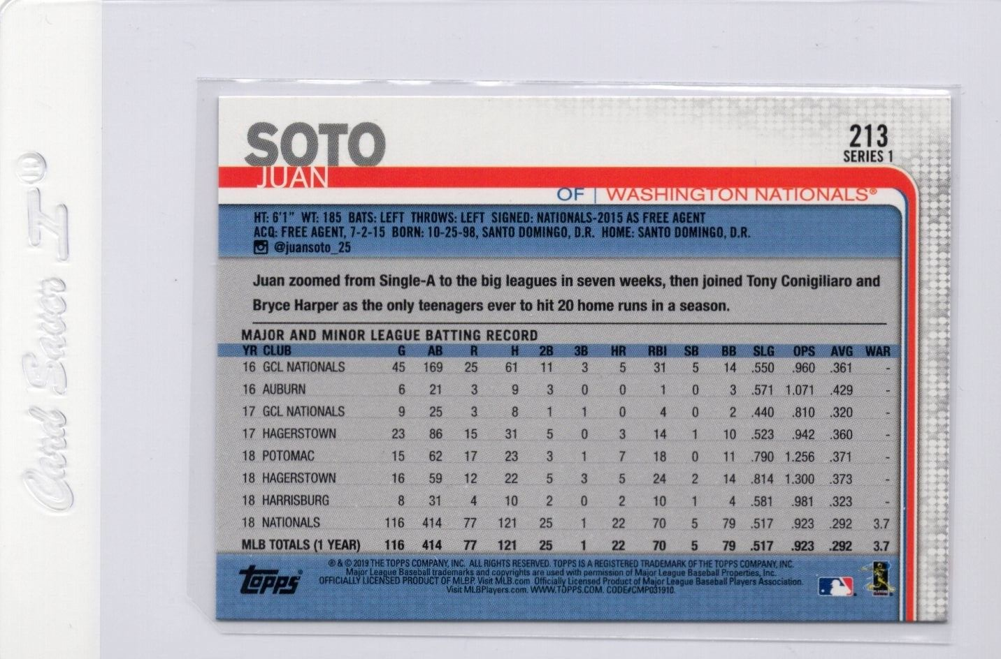 2019 Topps Series 1 JUAN SOTO Washington Nationals #213 Rookie Cup