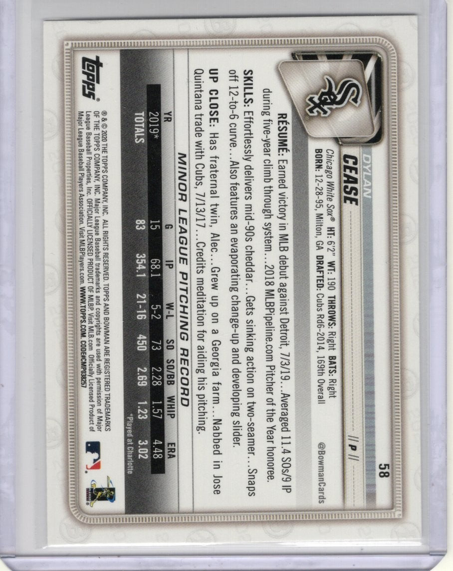 2020 Bowman DYLAN CEASE ROOKIE CARD #58 RC White Sox Padres now Blue Jays